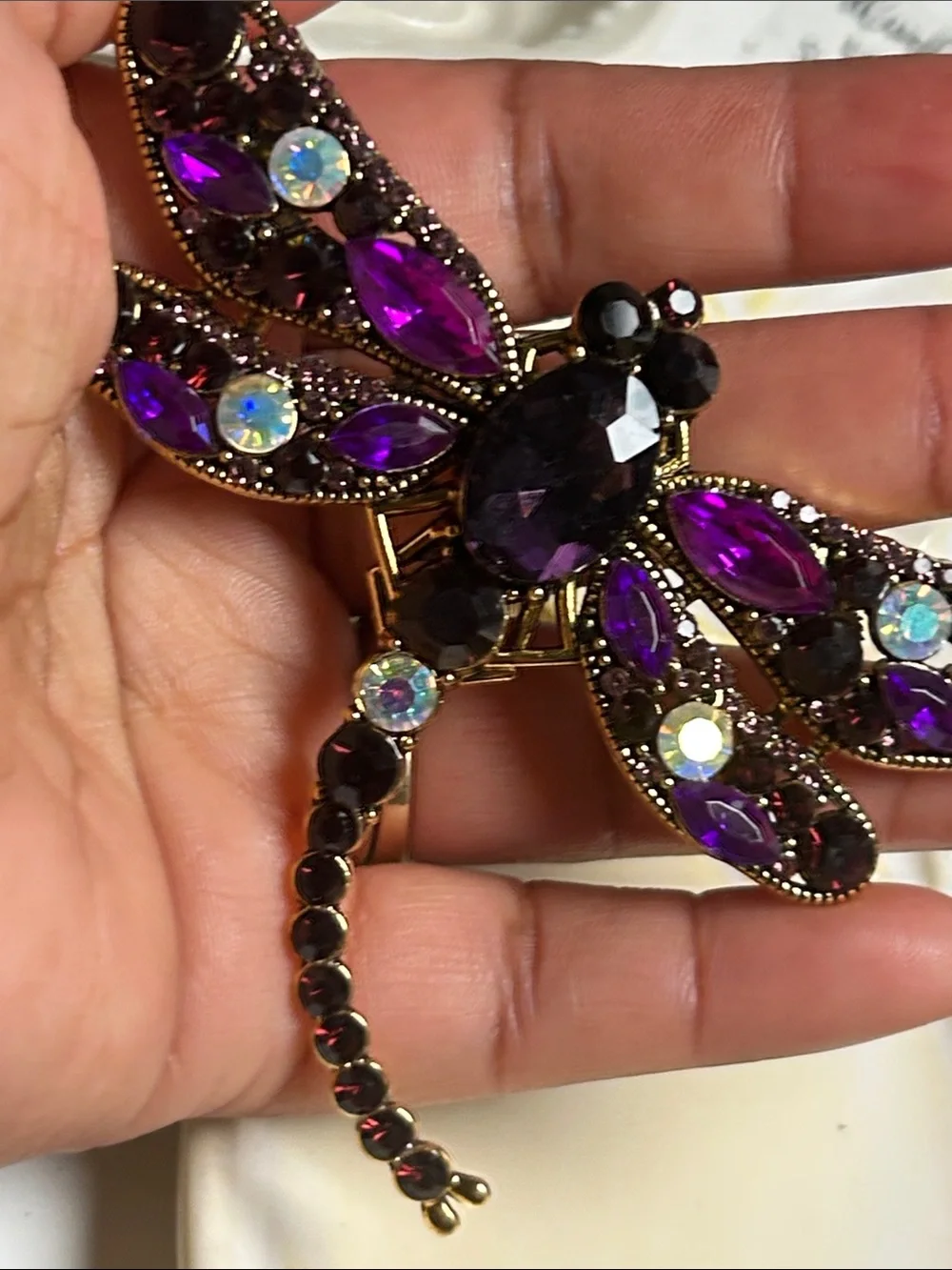 Jeweled Dragonfly Brooch with Purple and Iridescent Stones